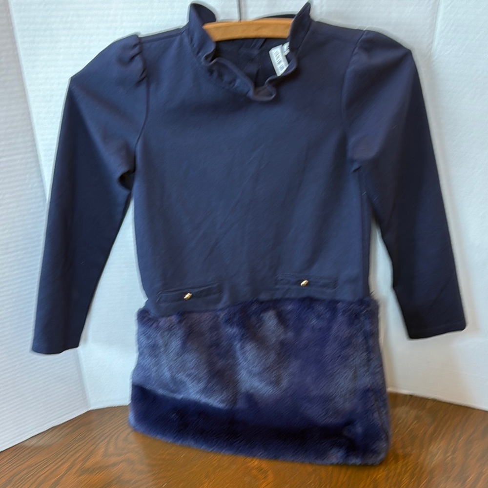 Janie & Jack Navy Blue Long Sleeve Dress with Faux Fur Hem